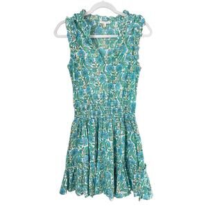 Anna Cate Tuckernuck Morgan Mini Smocked Turquoise Block Print Ruffle Dress S